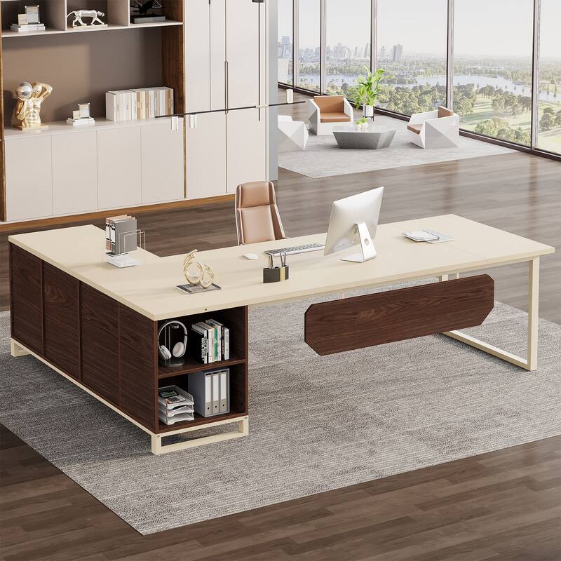 70.8" Executive Desk L-Shaped Office Computer Desk with 55" File Cabinet - Beige
