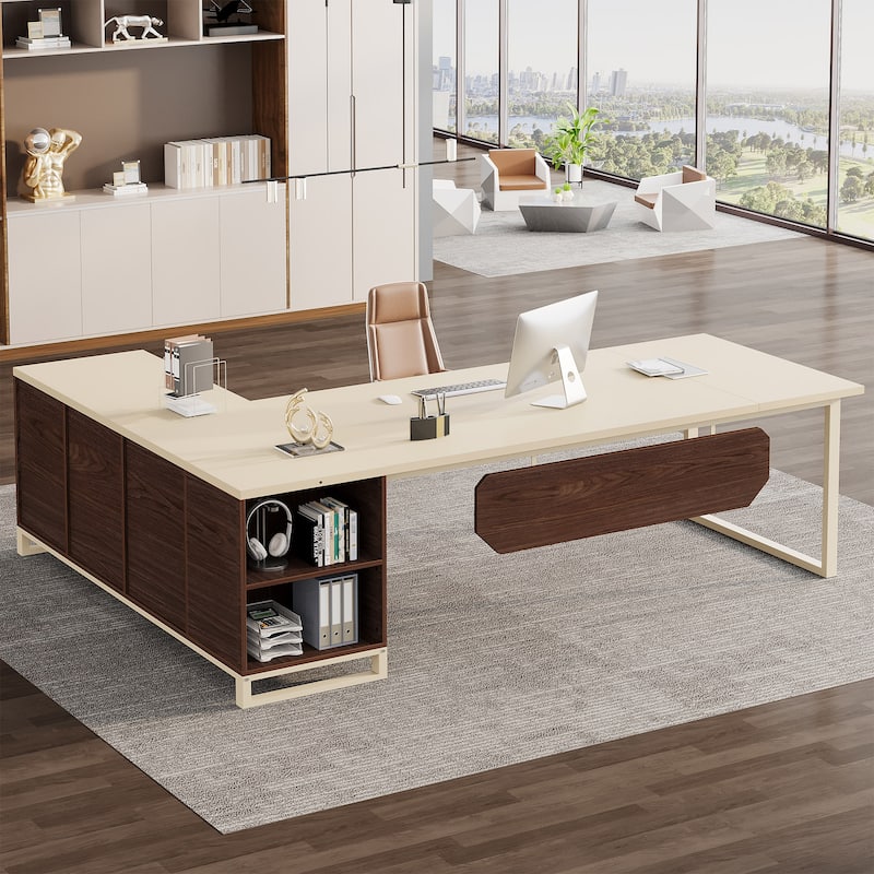 70.8-Inch Executive Desk with 55-Inch File Cabinet, Large L Shaped Computer Desk with Storage Cabinet and Shelves