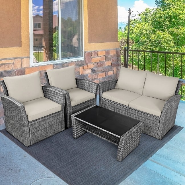 4 Pieces Patio Rattan Furniture Set Sofa Table with Storage Shelf Cushion - 48.5" x 26.5" x 30" (L x W x H)