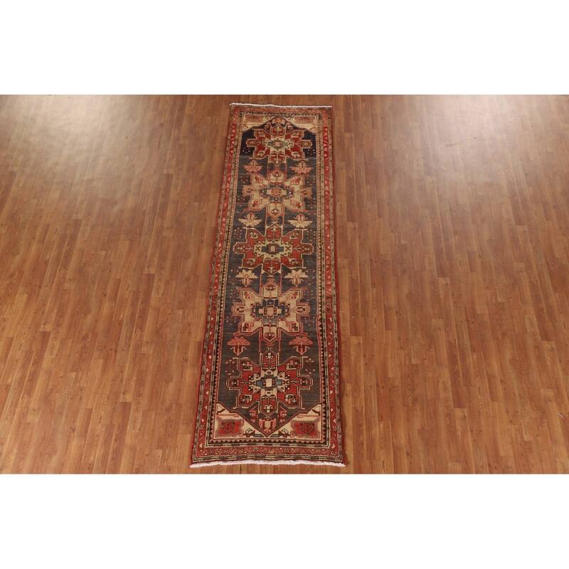 Geometric Ardebil Persian Vintage Runner Rug Hand-knotted Wool Carpet - 3'2"x 10'6"