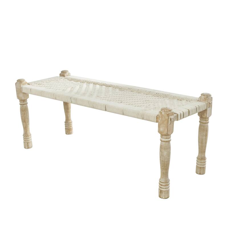 Cotton Fabric Handmade Woven Chevron Patterned Home Bench with Light Brown Mango Wood Legs - Beige - Roche River Decor - Beige