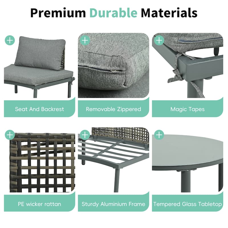 Roomfitters 6/8-Piece Half Moon Patio Sofa Set with 2 Coffee Tables, PE Wicker Rattan, Glass Top, Cushions & Pillows