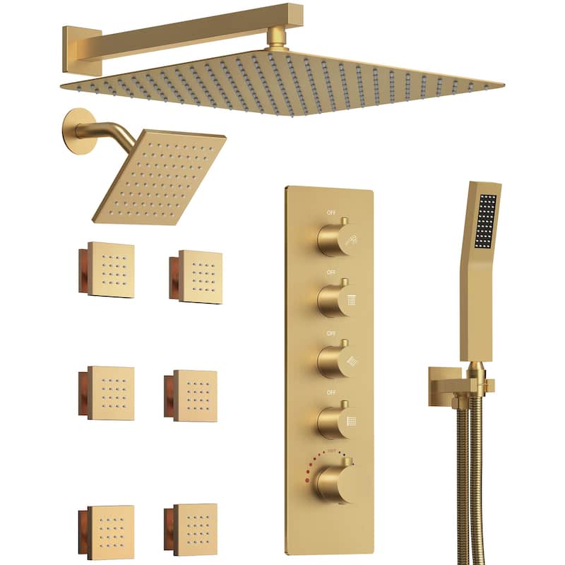 GRANDJOY Shower System Dual Shower Heads 16" and 6" Wall Mounted High Pressure Handheld Spray 6 Body Jets Thermostatic