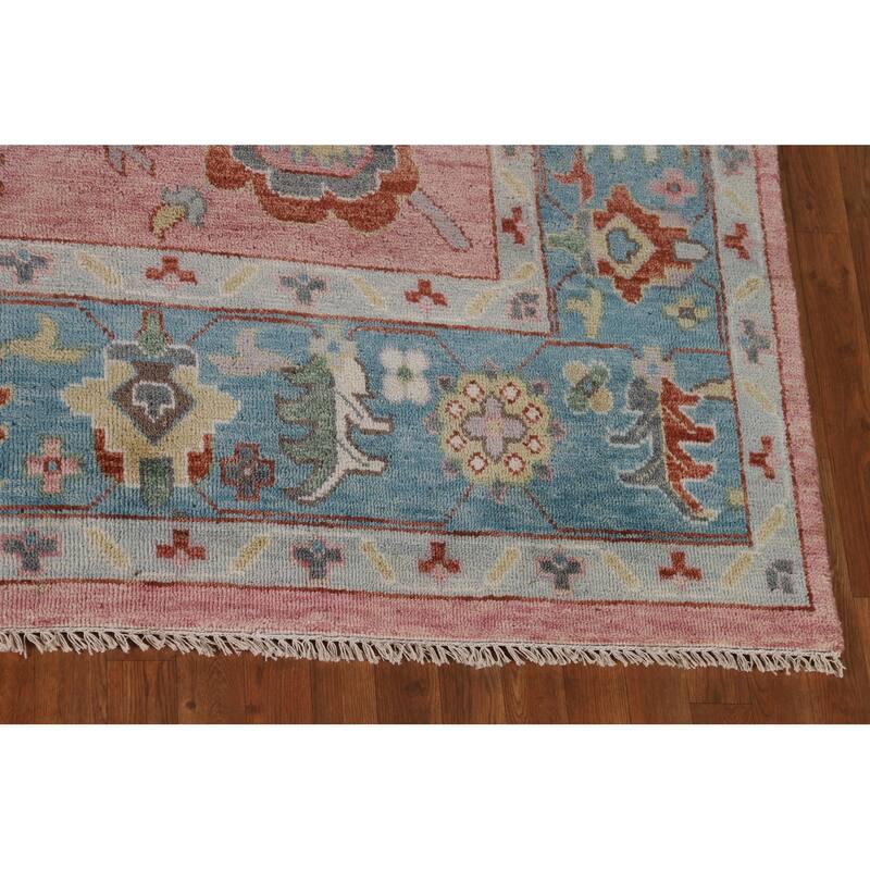 Pink Floral Oushak Oriental Large Area Rug Hand-Knotted Wool Carpet - 9'6" x 14'1"