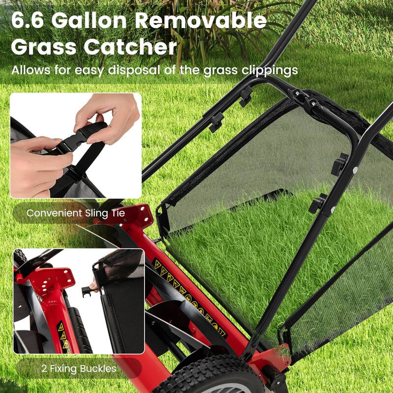 Manganese Steel Manual Lawn Mower with 5 Blades and Grass Bag - 23" L x 28" W x 49" H