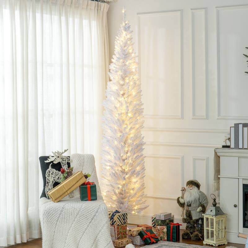 HOMCOM Pre-Lit Slim Noble Fir Tree - Warm White LED Lights, White, Holiday Decor