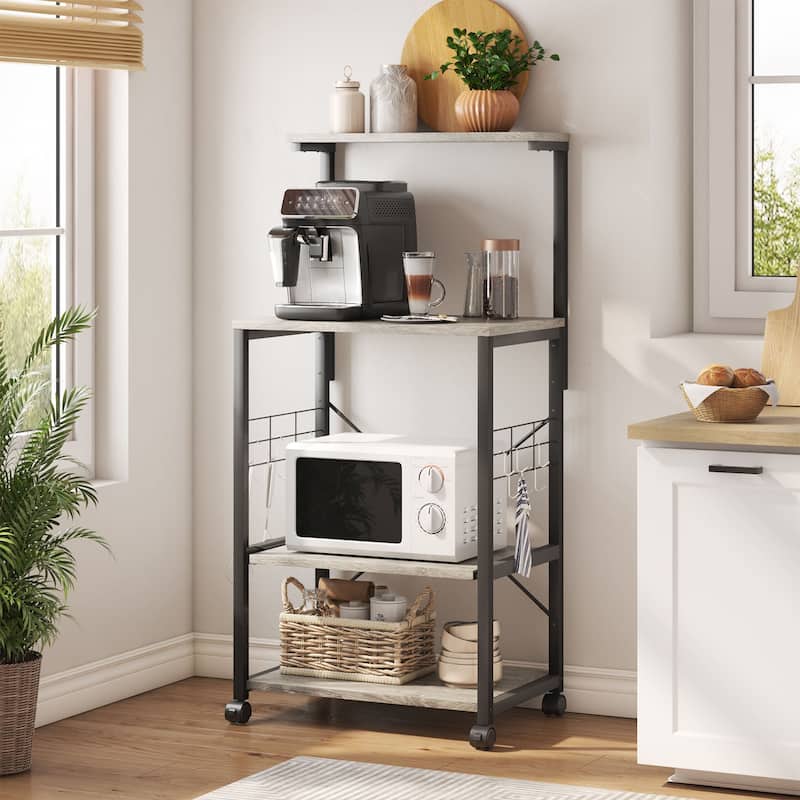 Kitchen Bakers Rack with Storage Shelves &USB Outlets, Microwave Oven Stand Kitchen Shelf Organizer - Wash White