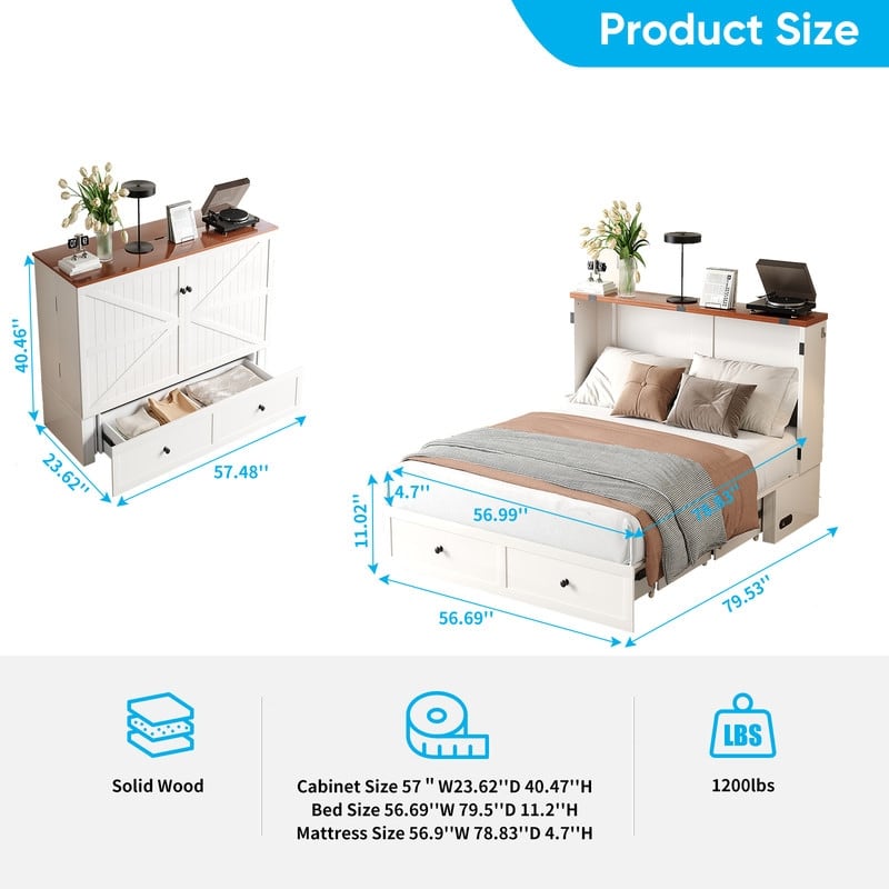 Mixoy Modern Full/Queen Size Murphy Bed Chest with Storage，USB Charging Station，No Mattress