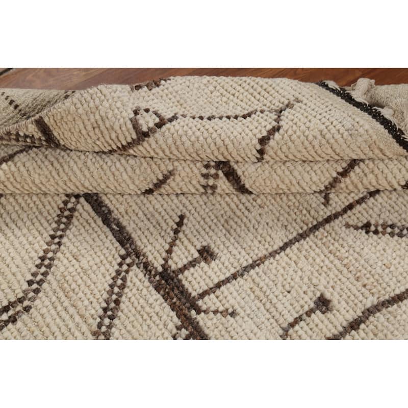 Geometric Ivory Moroccan Oriental Runner Rug Hand-Knotted Wool Carpet - 3'10"x 12'7"