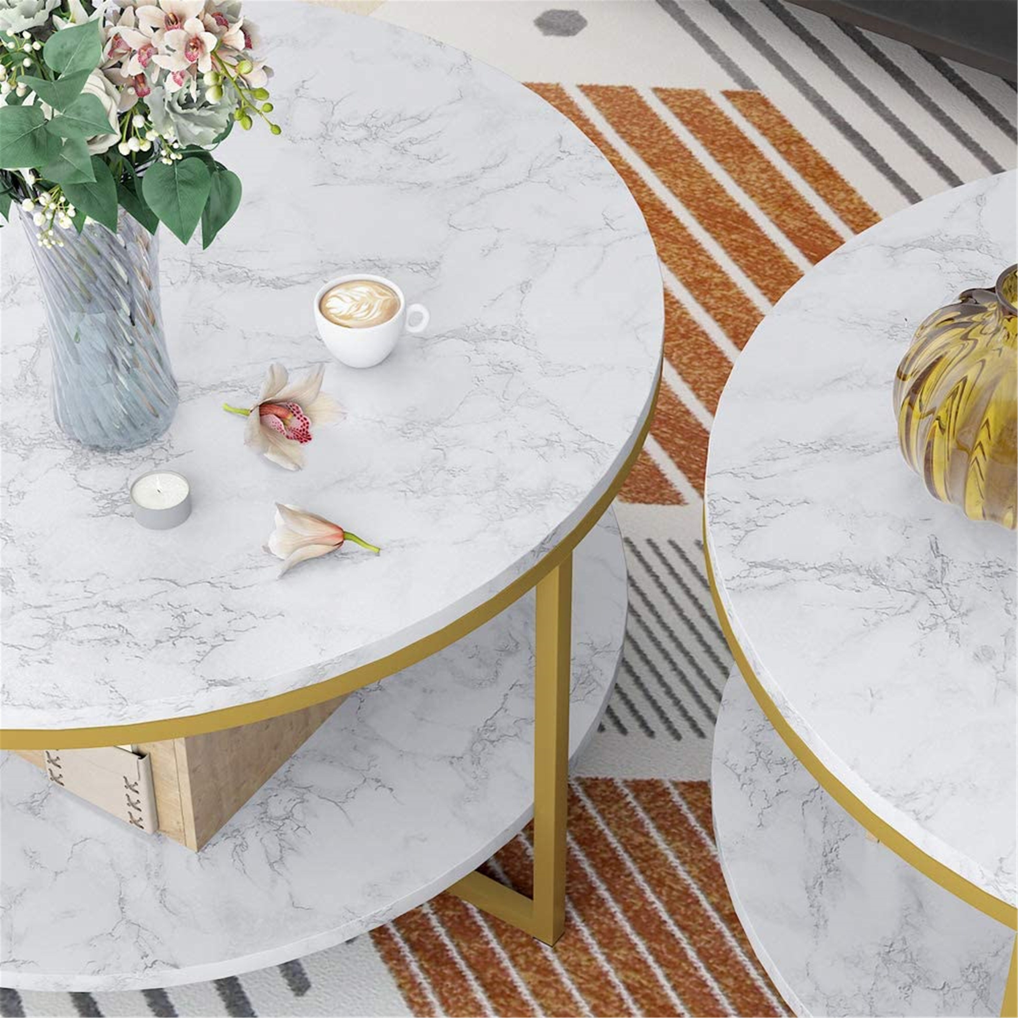 Round Coffee Table Modern Marble With Gold Legs 90x90x48cm White Gold Overstock 31832054
