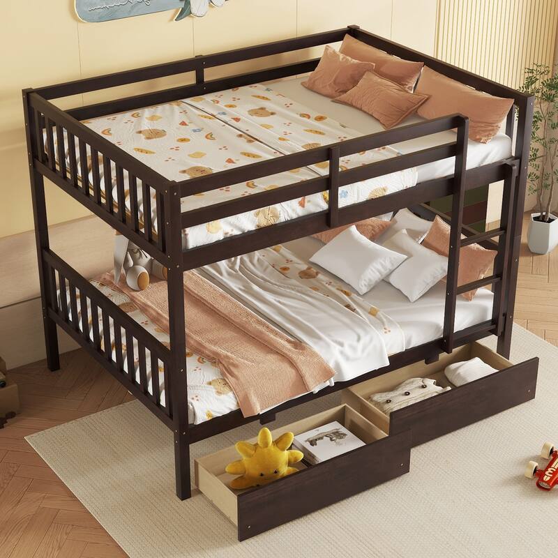Full Over full Rubber Wood Bunk Bed with 2 Drawers, into 2 full Beds, full Size Bunk Bed with Ladder and Safety Guardrails