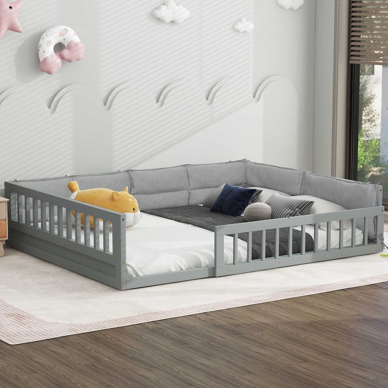Wood Full Size Upholstered Platform Bed - with Guardrail & Pillow - Grey