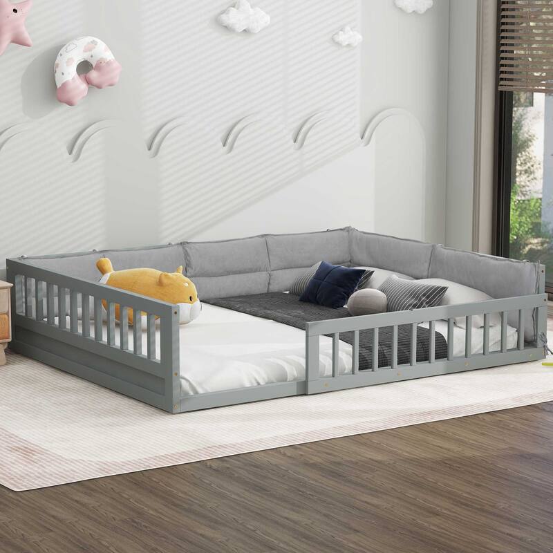 Wood Full Size Upholstered Platform Bed with Guardrail and Pillow - Grey