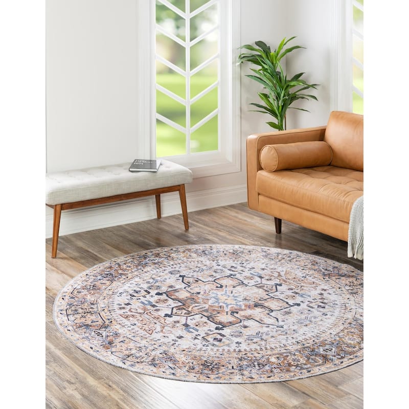 Traditional Tira Collection Area Rug - 6' Round - Ivory-Almond