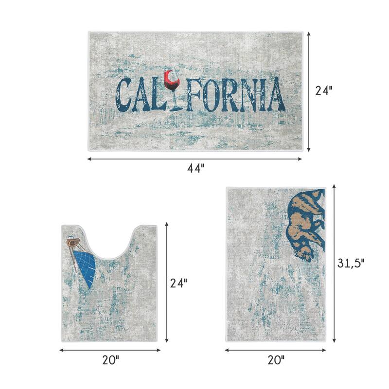 US States Design 3 Piece Bathroom Rugs Set - Non-Slip Ultra Thin Bath Rugs for Bathroom Floor - Washable Bathroom Mats Set