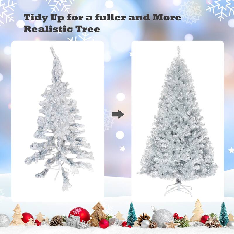 Gymax 7.5 FT Silver Tinsel Christmas Tree Artificial Hinged Tree - See Details