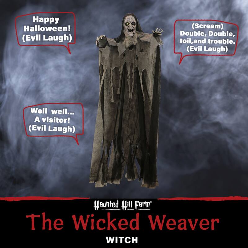 6-ft. Hanging Witch, Indoor/Covered Outdoor Halloween Decoration, Multi LED Eyes, Poseable, Wicked Weaver