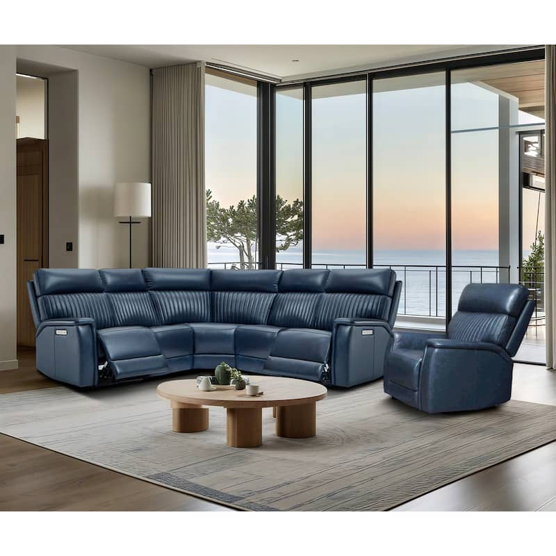105" W Genuine Leather Power Reclining Sectional and Recliner Sofa Set with USB&USB-C Port, 2 Stationary Armlesschairs