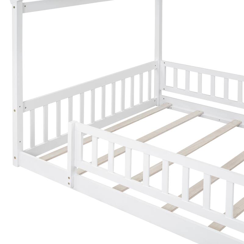 White Full Size Wood House Bed Frame with Roof and Fence