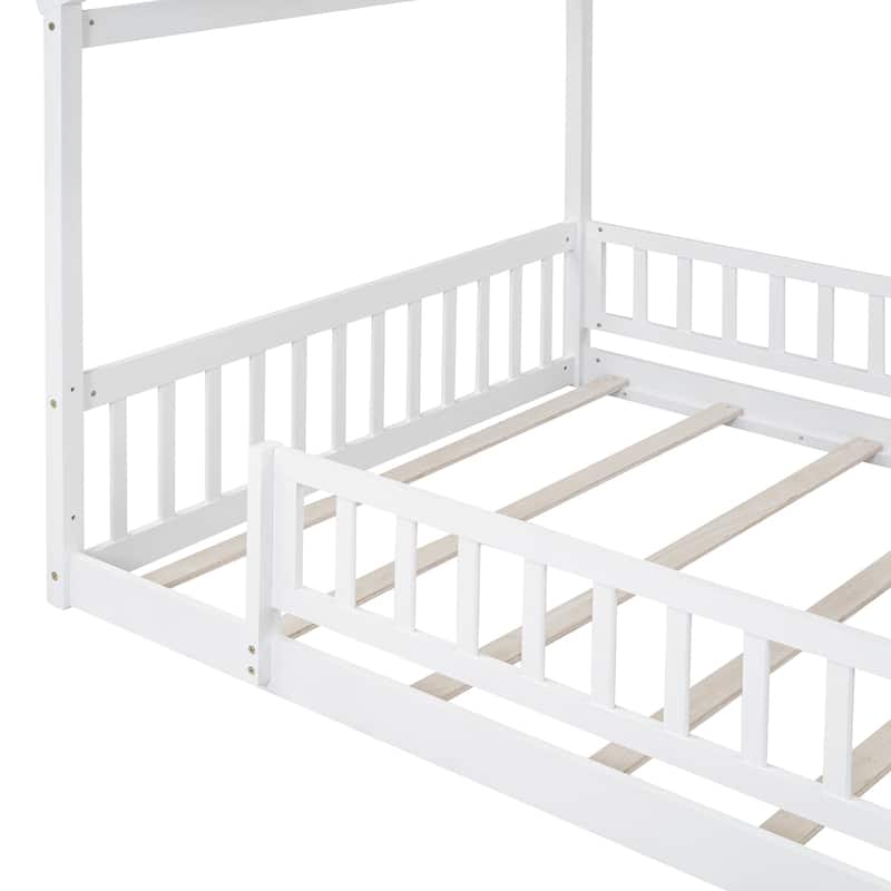 Wood Bed House Bed Frame with Fence for Kids