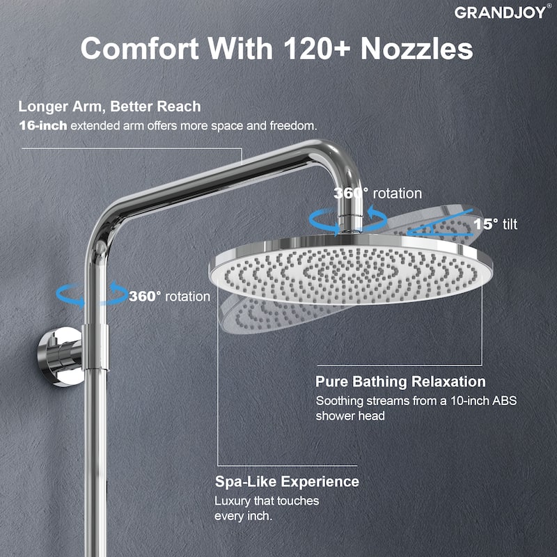 GRANDJOY 10" Round Rainfall Shower System Handheld Showerhead with Adjustable Bar