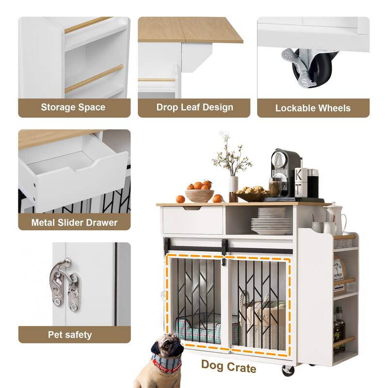2-in-1 Dog Crate Kitchen Island with Sliding Door，Open Side Shelf, Drawer