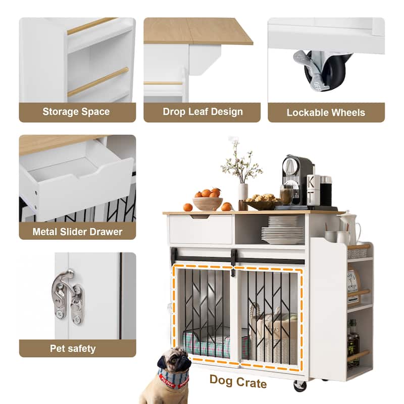 2-in-1 Modern Dog Crate & Kitchen Island with Storage for Small Dogs, Cream White End Table with Wheels‌