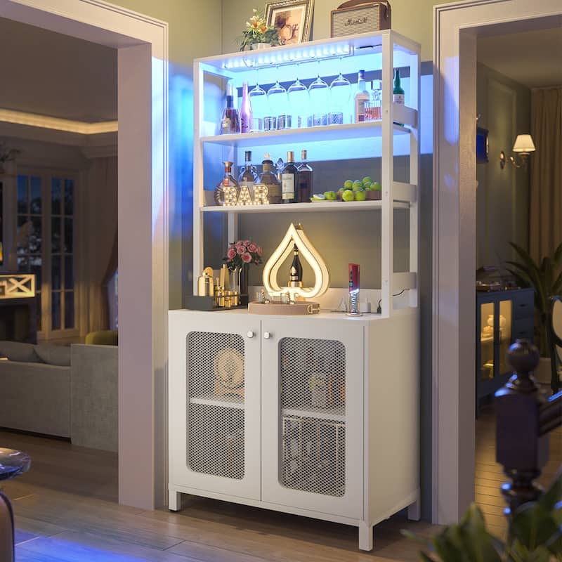 66.9'' Tall Modern Wine Cabinet Bar Cabinet with Wine Glasses Rack and LED Strip and Power Outlets - White