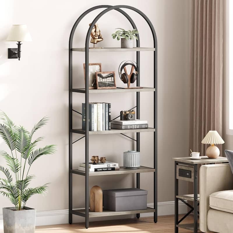 5-Tier Arched Bookshelf, Tall Wood Bookcase with Metal Frame, Modern Storage Rack for Living Room, Bedroom, or Home Office