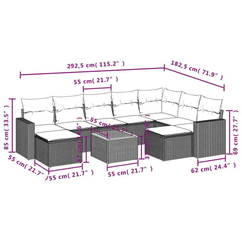 vidaXL Patio Sofa Set with Cushions Outdoor Furniture 10 Piece Poly Rattan - 21.7 x 21.7 x 14.6