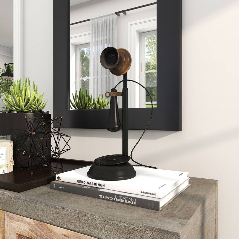 Black Metal Decorative Vintage Style Telephone Decorative Sculpture with Tiered Base and Coil Wire Detailing