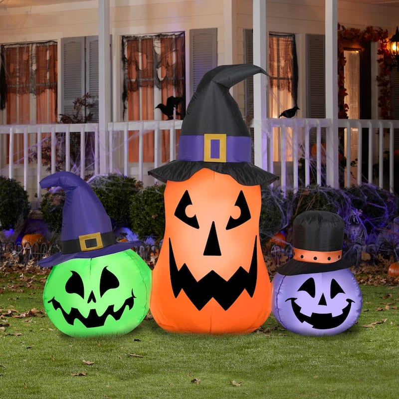 Gemmy Airblown Inflatable Whimsical Pumpkin Trio w/Hats Scene, 4.5 ft Tall