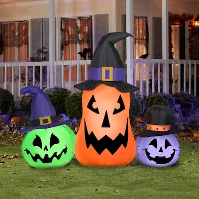 Gemmy Airblown Inflatable Whimsical Pumpkin Trio w/Hats Scene, 4.5 ft Tall