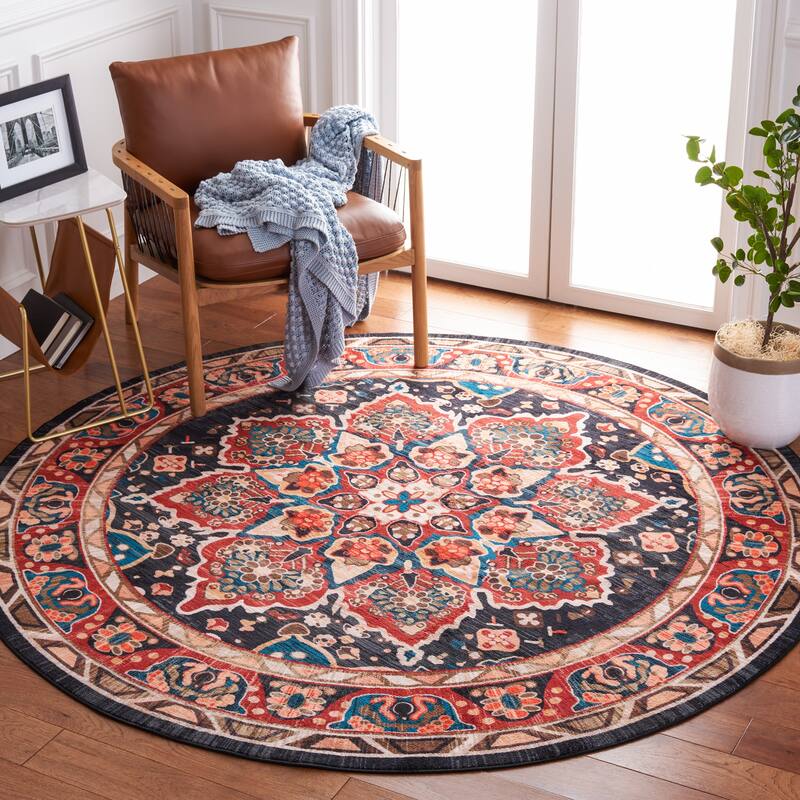 SAFAVIEH Riviera Machine Washable Slip Resistant Wilma Oriental Rug - 6'7" Round - Red/Navy