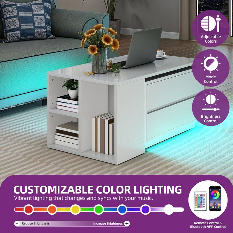 Moasis Modern Convertible Coffee Table w/4 Drawers and Open Shelves, LED Center Table for Living Room