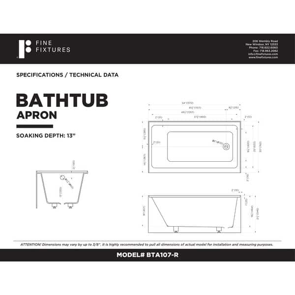 dimension image slide 4 of 11, Fine Fixtures Acrylic-Fiberglass Soaking Bathtub, White. Alcove/Apron Front