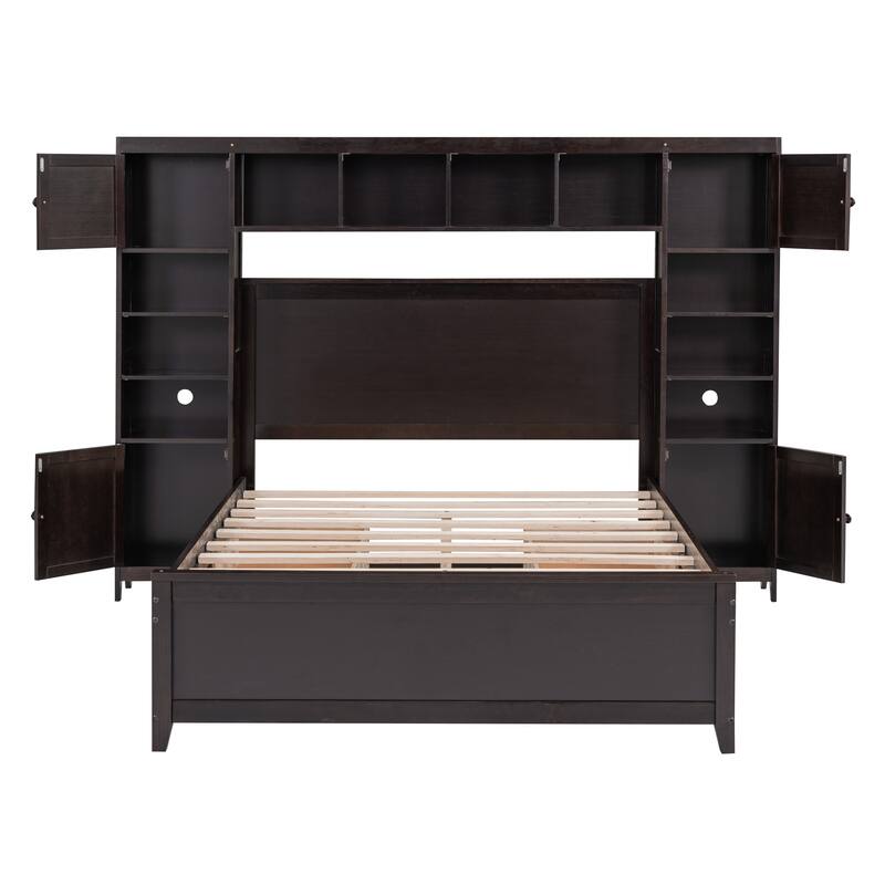 4 Drawers Full Size Platform Bed All-in-One Cabinet & Shelf, Espresso