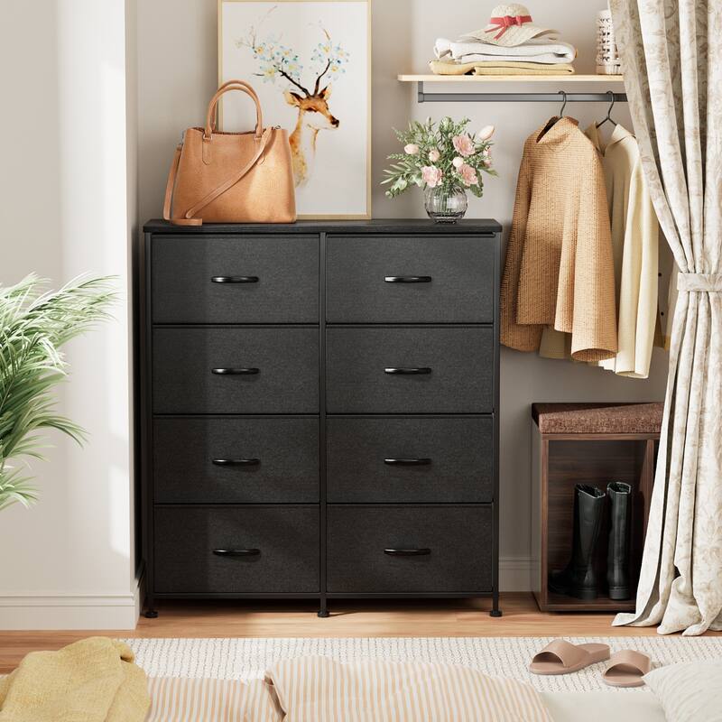 Furniwell 5 Drawer Fabric Dresser Wide Chest Of Drawers, Black