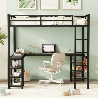 Full Metal Loft Bed with L-shaped Desk and Shelves, Black