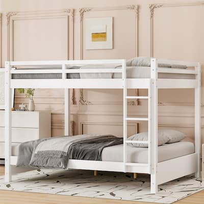Queen Over Queen Size Bunk Bed with Ladder and Guardrail, Wooden Bunk Bedframe with Slats Support for Kids