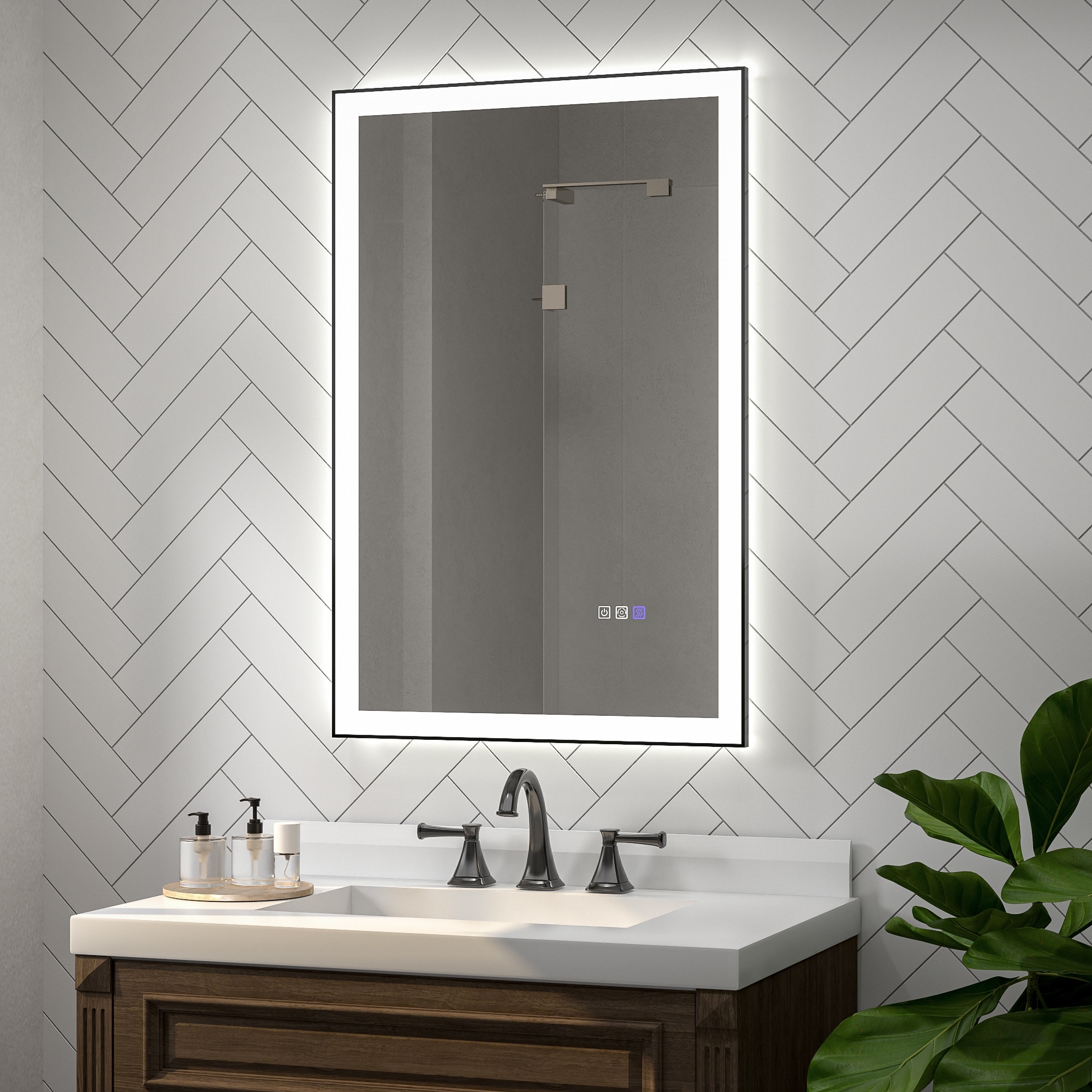 EcoBrite 24 in. W x 36 in. H Rectangular Black Framed Anti-Fog LED Wall Bathroom Lighted Mirror - 24 in
