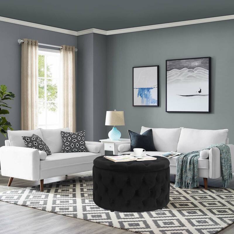 Adeco Round Velvet Storage Ottoman Button Tufted Footrest Coffee Table