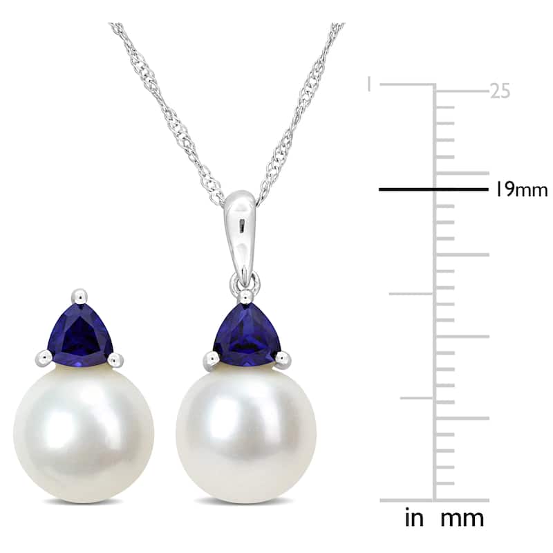 Miadora Cultured Freshwater Pearl 1 1/5ct TGW Created Blue Sapphire Jewelry Set 10k White Gold