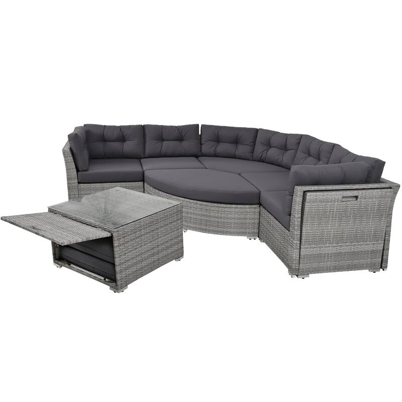 Outdoor Wicker Curved Daybed Sectional Sofa Set with Storage Table