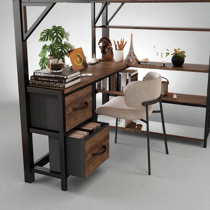 Full/Queen Size Metal Loft Bed with Desk, LED Lights, USB Ports, Shelves, Drawers, and Wardrobe, Black