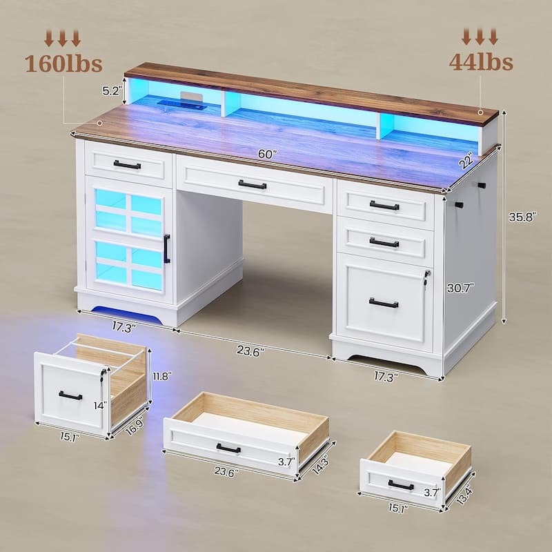 Executive Desk with Drawers Computer Desk File Drawers Power Outlet LED Lights Storage Cabinet