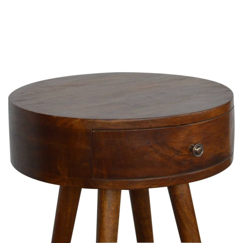 Circular Chestnut Nightstand with Nordic Legs and One Drawer