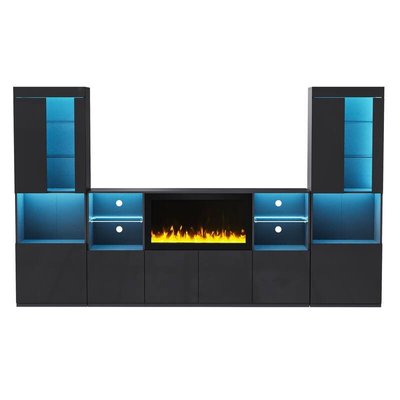 LED High Gloss TV Stand Display Cabinet Set with Glass Shelves, 111" TV Media Storage Console with Electric Fireplace