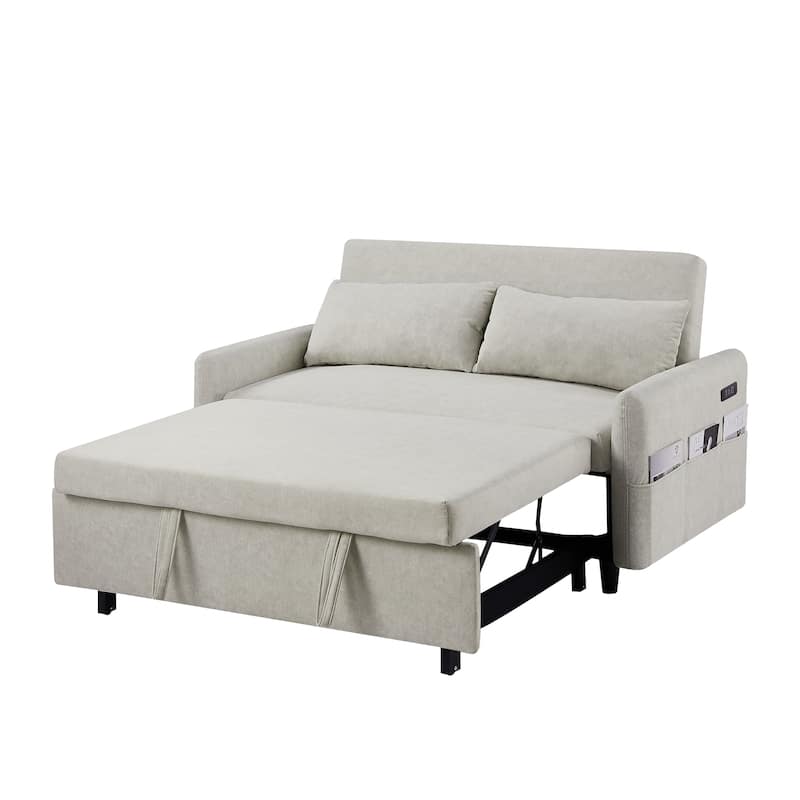 3-in-1 Pull Out Sofa Bed, Couch Bed with Adjsutable Back and Storage Pockets, 2 Seater Sofa with 2 Soft Pillows and USB Ports