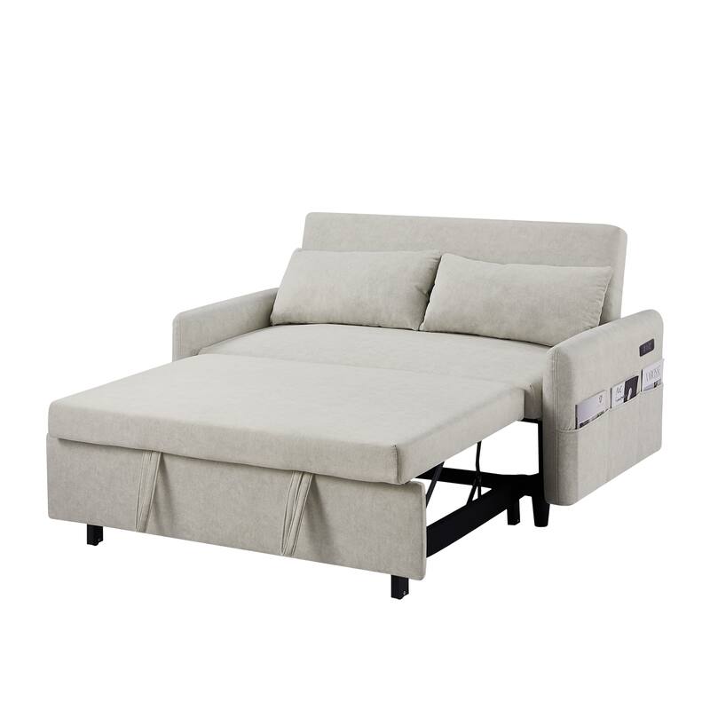 Loveseat Convertible Pull-out Sleeper Sofa Bed Adjustable Backrest Lounge Couch w2 Pillows & Storage Pockets, USB Ports